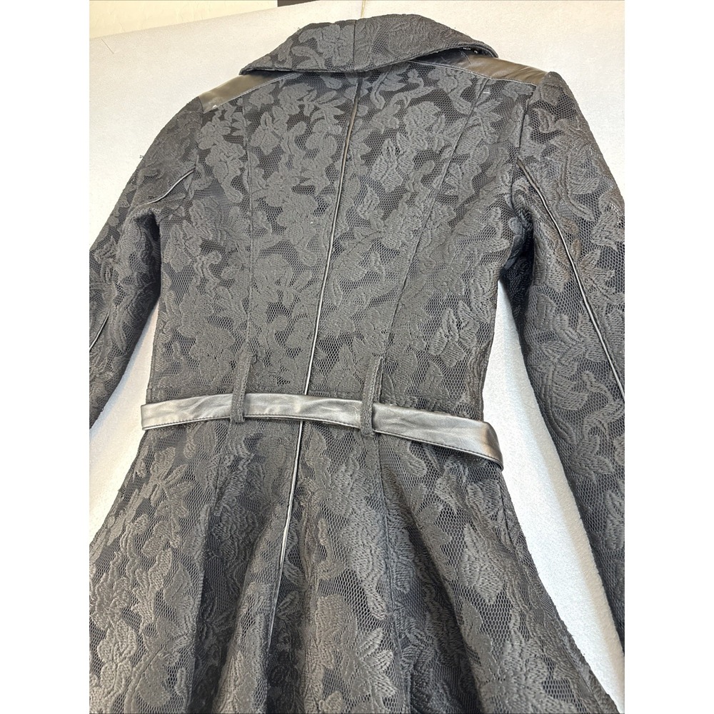 Bebe Black Barquard Fit and Flare Coat Faux Leather Trim Lace XS Asymmetric Zip - Picture 4 of 9